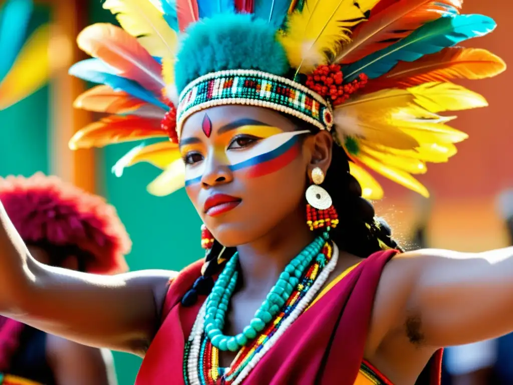 Grupo de bailarines afrobolivianos en trajes de Saya, expresando el significado cultural de la Saya afroboliviana con pasión y fuerza