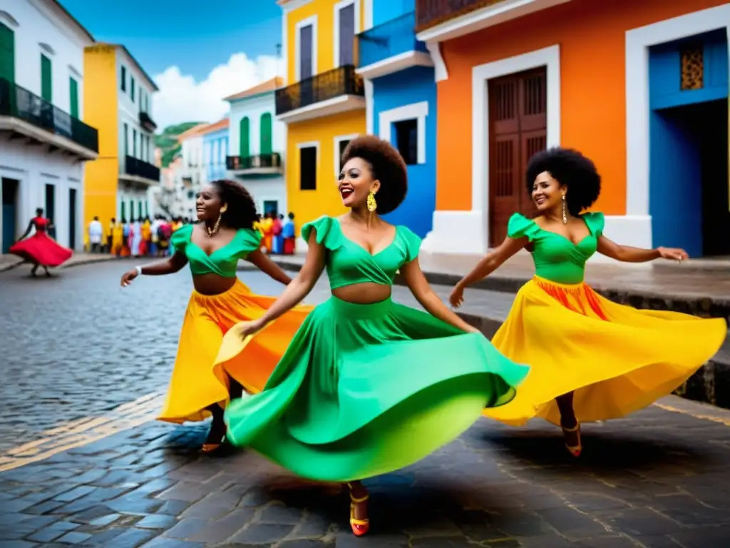 Danza afrobrasileña en las calles de Salvador de Bahía Grupo de bailarines afrobrasileños danzando en las calles históricas de Salvador de Bahía, representando la rica tradición de danza afrobrasileña