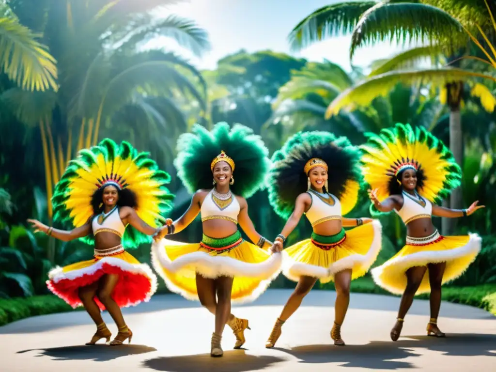 Danza afrobrasileña: Colorida celebración en Salvador Grupo de bailarines afrobrasileños en trajes tradicionales, bailando al ritmo de tambores en Salvador de Bahía