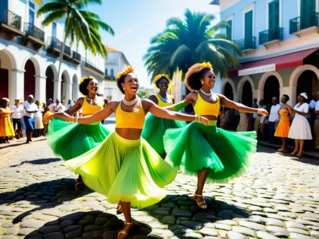 Baile AfroBrasileño: Danza y Color en Salvador de Bahía Grupo de bailarines afrobrasileños en trajes tradicionales vibrantes, realizando movimientos energéticos en una calle empedrada de Salvador de Bahía