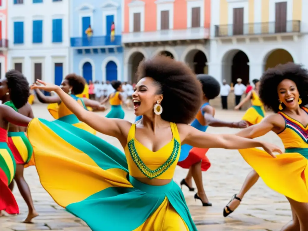 Baile AfroBrasileño: Energía y Color en Salvador Grupo de bailarines AfroBrazileros danzando en Salvador de Bahía