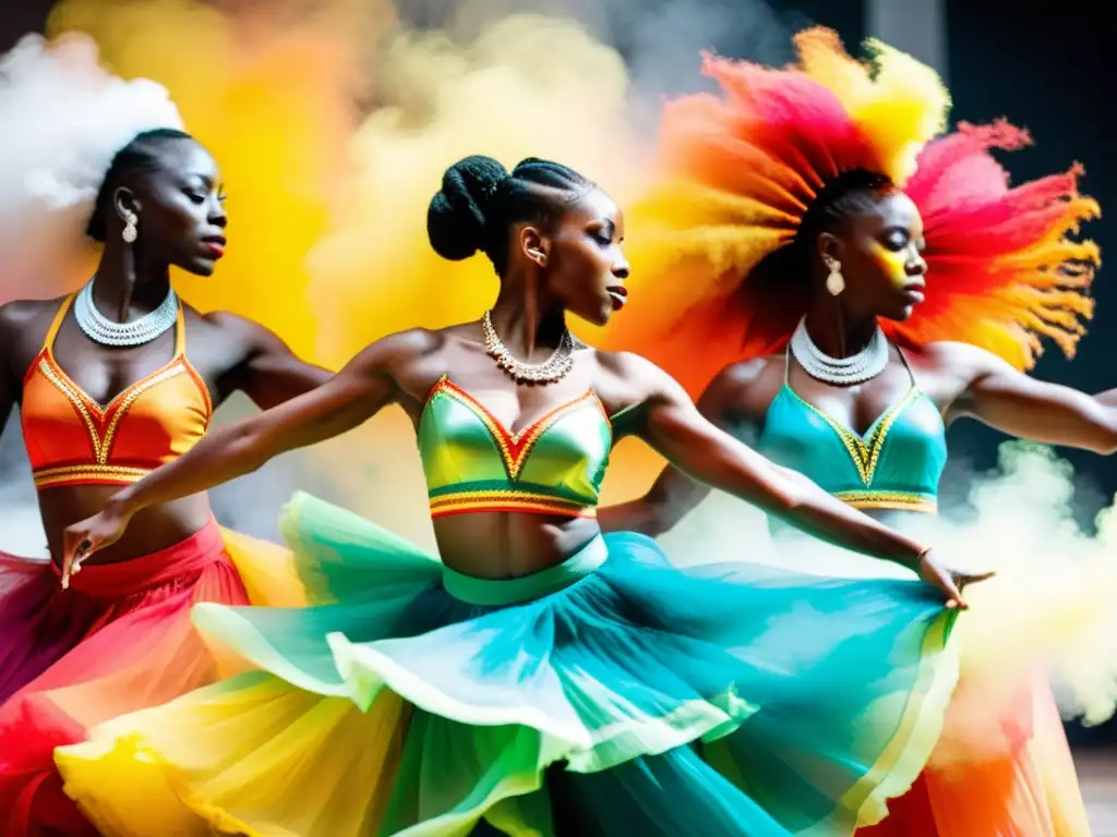 Grupo de bailarines AfroCaribeños en vibrantes trajes tradicionales, enérgica rutina, influencia danza africana Caribe