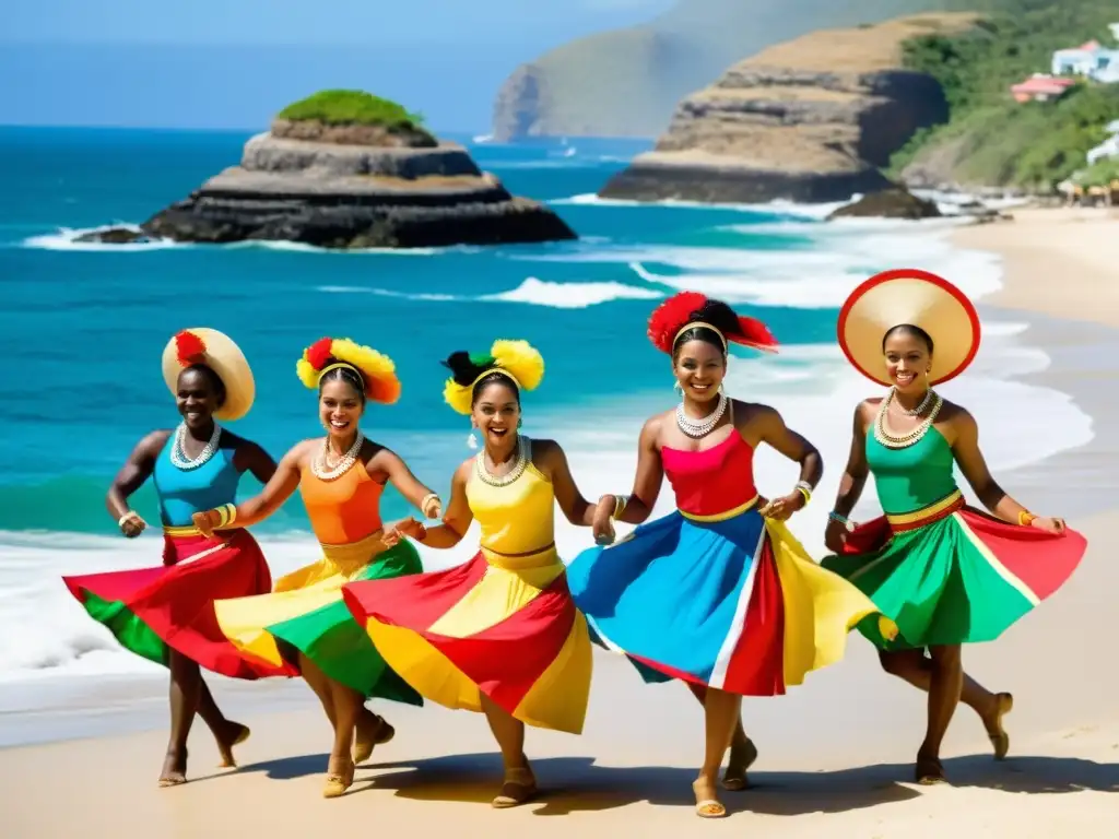 Grupo de bailarines afrocolombianos realizando el enérgico baile del Mapale en un escenario costero vibrante, con trajes tradicionales coloridos