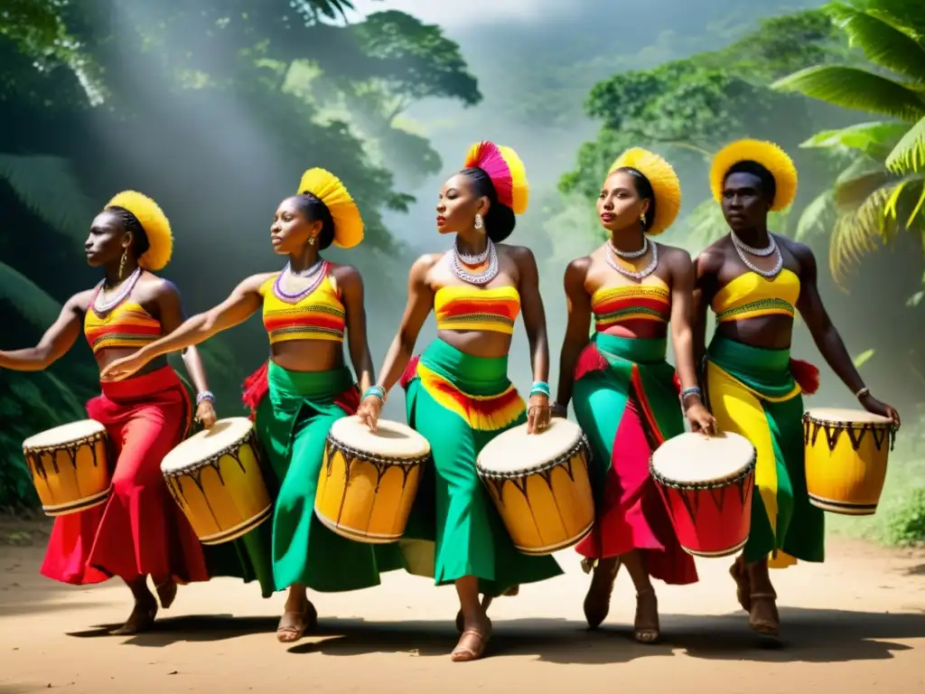 Grupo de bailarines afrocolombianos danzando con orgullo y resistencia en un claro soleado rodeado de exuberante vegetación