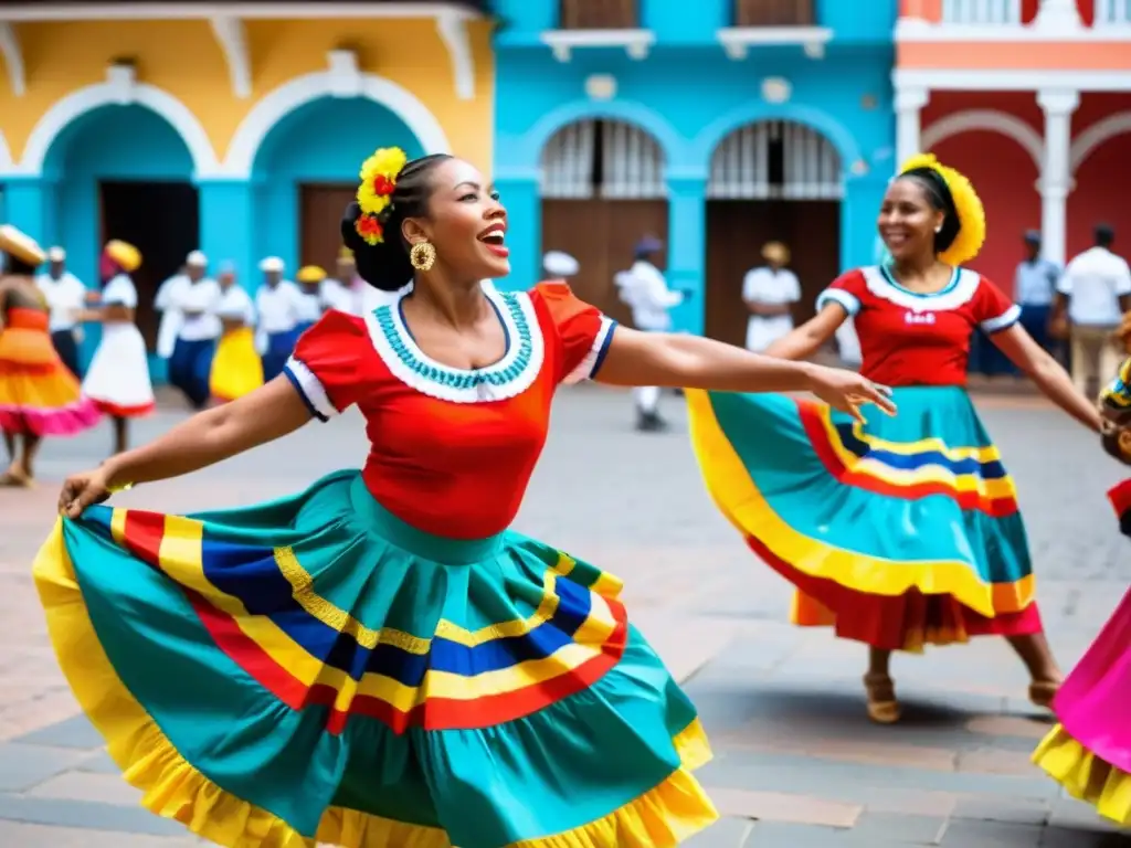 Un grupo de bailarines afrocolombianos en trajes tradicionales vibrantes, realizando una danza enérgica y alegre en una bulliciosa plaza