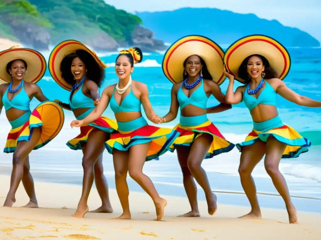 Grupo de bailarines Afrocolombianos en trajes vibrantes realizando el baile Mapalé en la playa