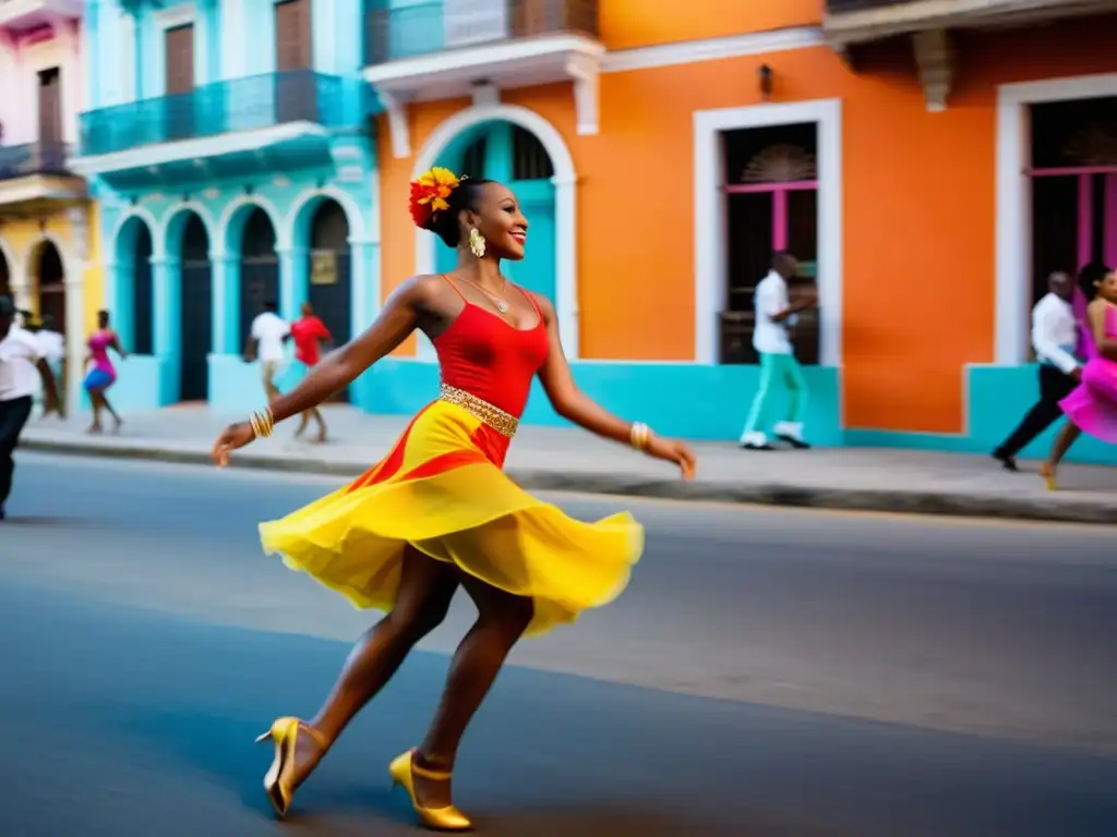 Un grupo de bailarines afrocubanos con trajes vibrantes ejecutan movimientos sensuales de rumba afrocubana en las coloridas calles de La Habana