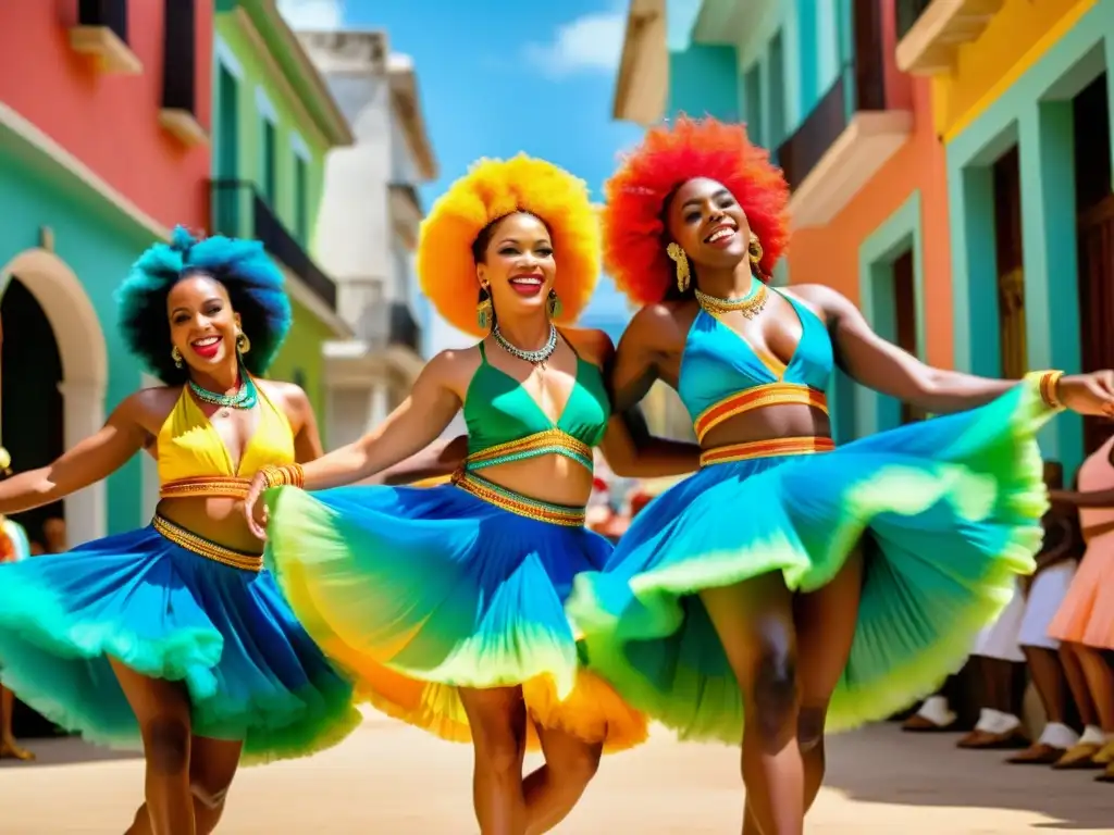 Grupo de bailarines afrocubanos con trajes coloridos en un escenario soleado, transmitiendo pasión y energía con ritmos afrocubanos en el turismo