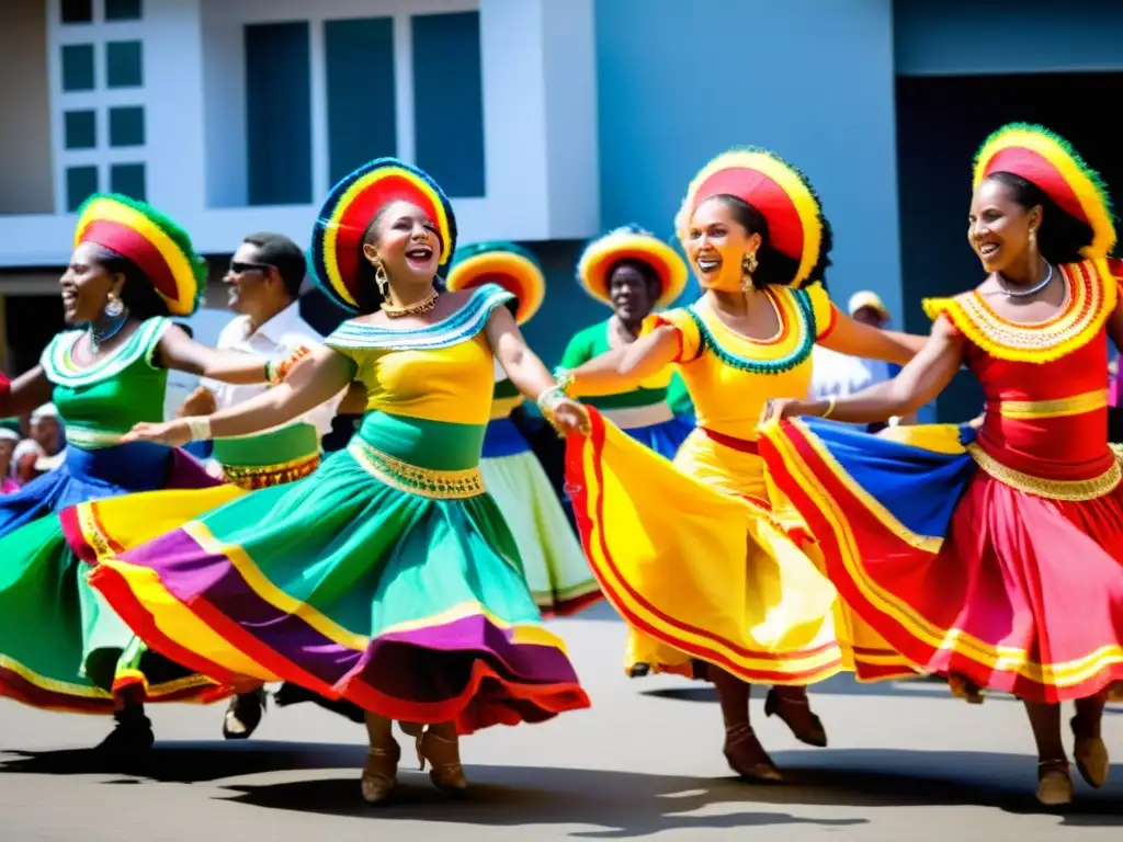 Grupo de bailarines afroperuanos en coloridos trajes tradicionales, celebrando el significado cultural del festejo afroperuano a través del baile