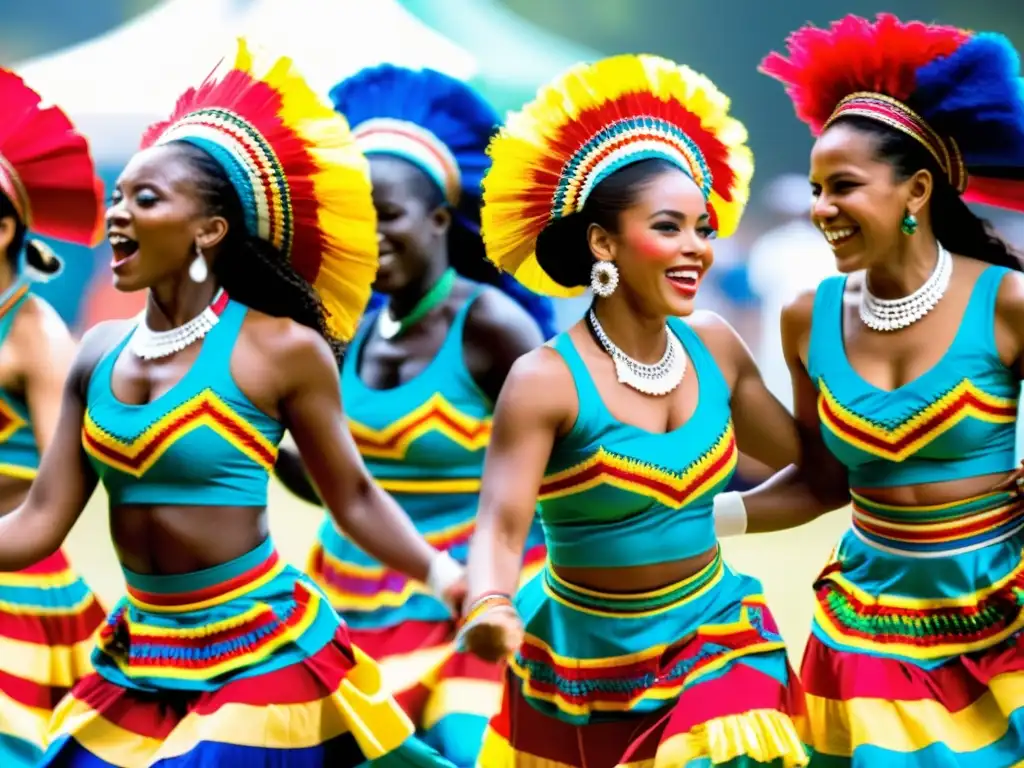 Grupo de bailarines afroperuanos danzando con orgullo y alegría en el festejo, expresando la riqueza cultural del baile