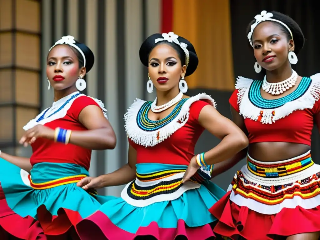 Un grupo de bailarines afroperuanos vistiendo trajes tradicionales vibrantes, moviéndose al ritmo del cajón con gracia y orgullo cultural