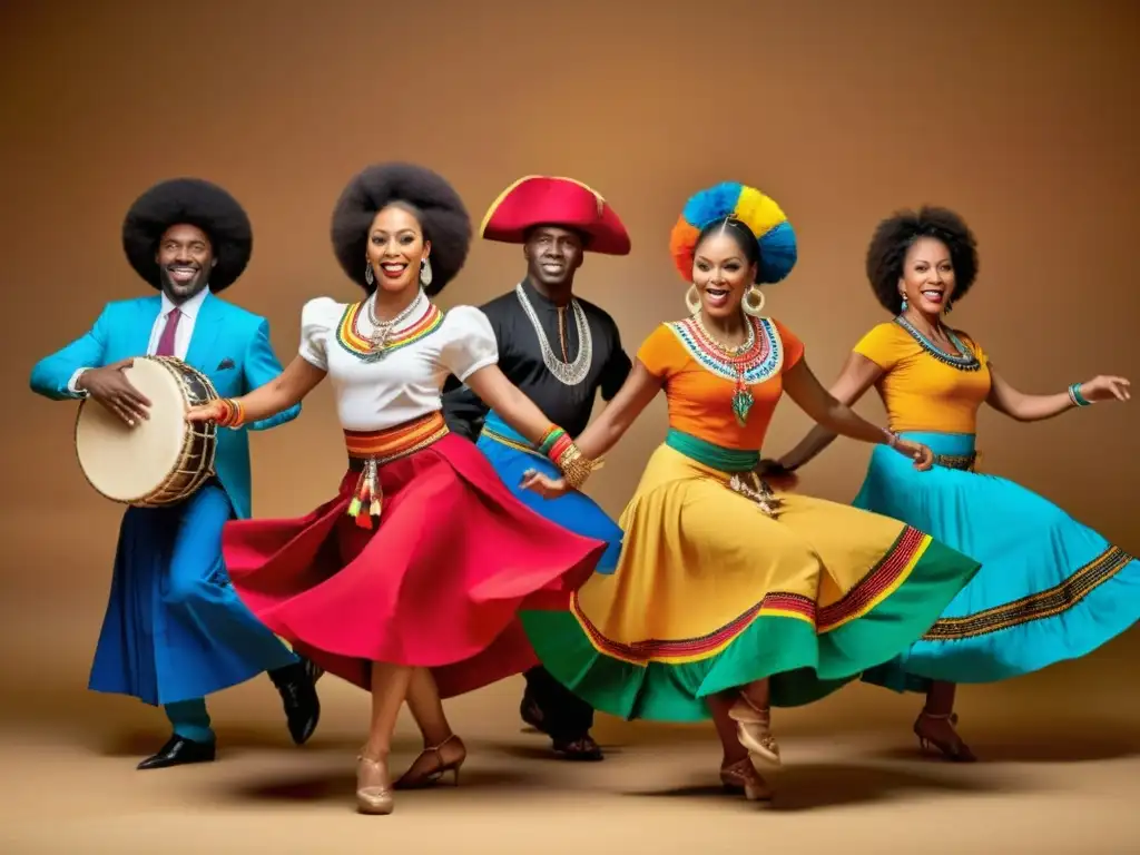 Grupo de bailarines afroperuanos en trajes tradicionales danzando con pasión y orgullo, representando el significado cultural de las danzas afroperuanas