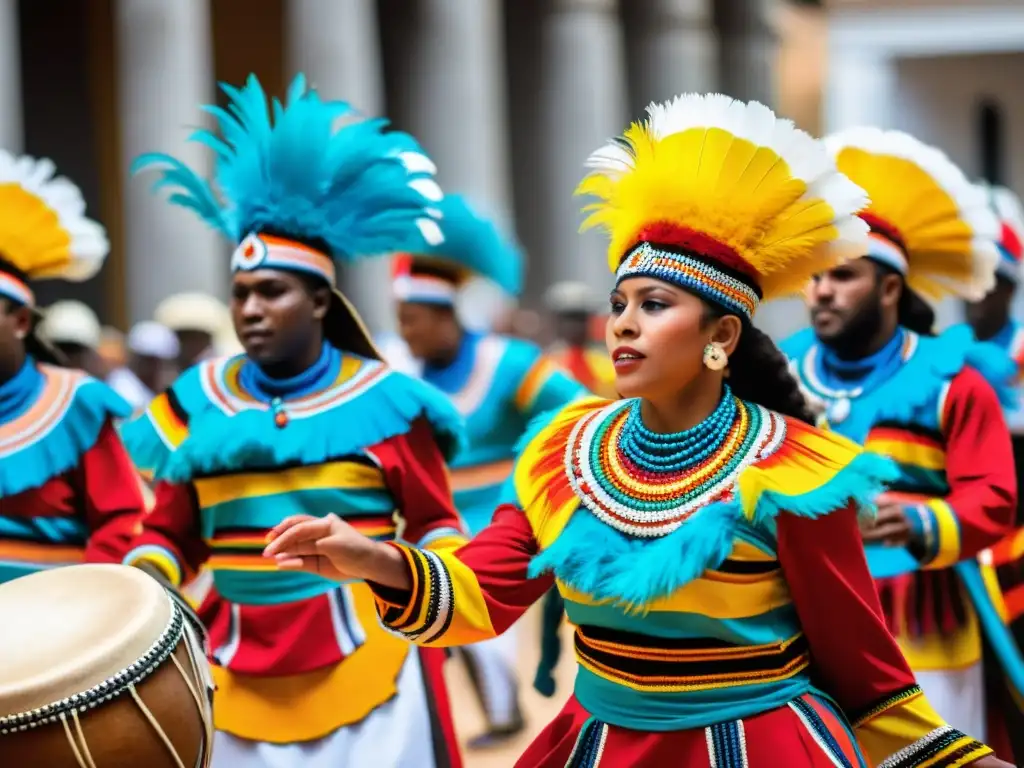 Grupo de bailarines AfroUruguayos danzando con Vestimenta AfroUruguaya en danza candombe, colorida y llena de energía