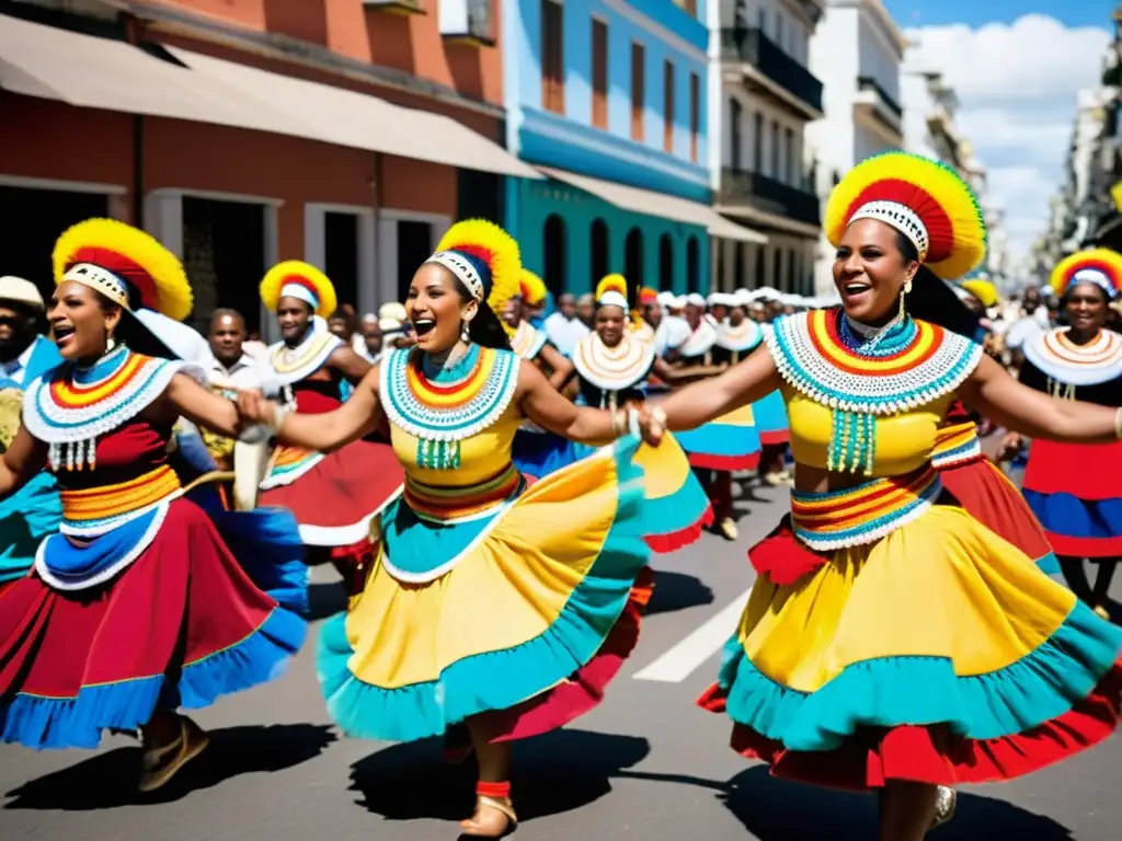 Grupo de bailarines afro-uruguayos en vibrante vestimenta afrouruguaya danzando el candombe en Montevideo, transmitiendo energía y tradición