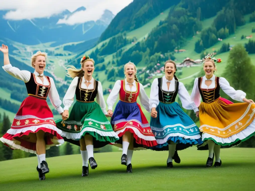 Grupo de bailarines alemanes en trajes bávaros, saltando durante una actuación de Schuhplattler