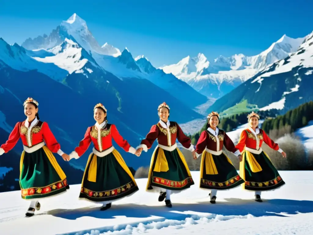 Grupo de bailarines alpinos en trajes coloridos, danza sincronizada con los Alpes de fondo