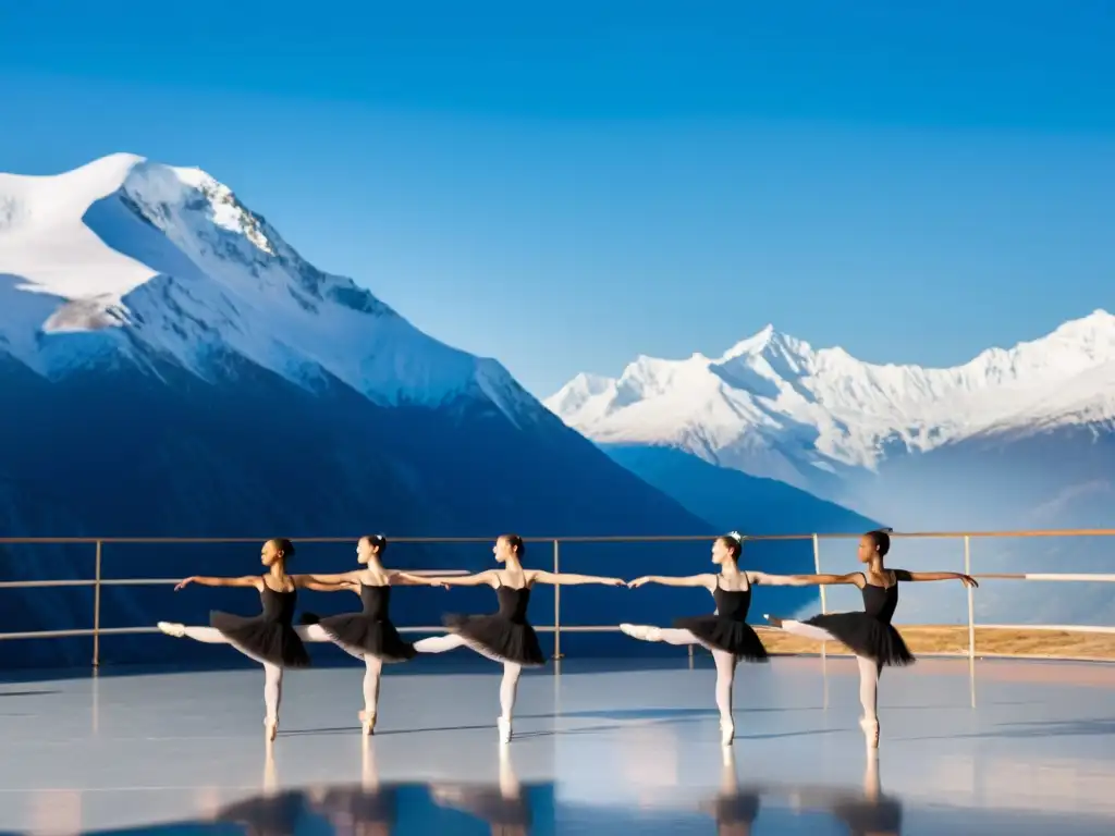 Grupo de bailarines practicando en altitud, con montañas nevadas y cielo azul de fondo