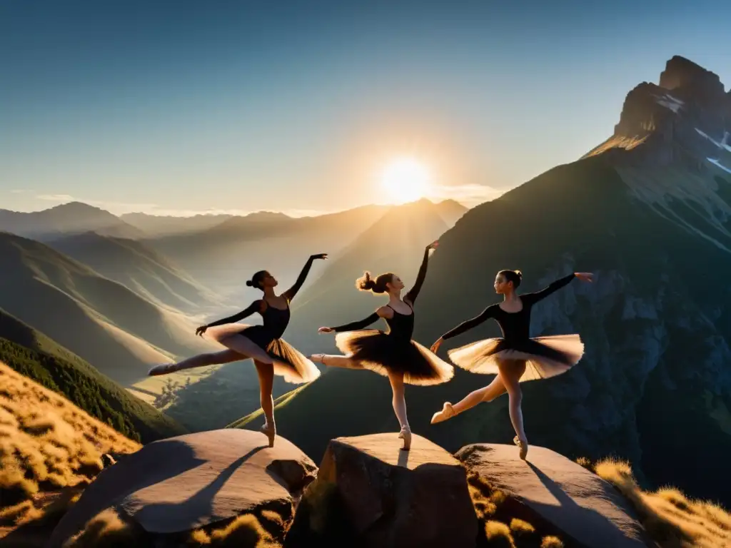 Grupo de bailarines en alturas, ejecutando movimientos elegantes con montañas al atardecer de fondo