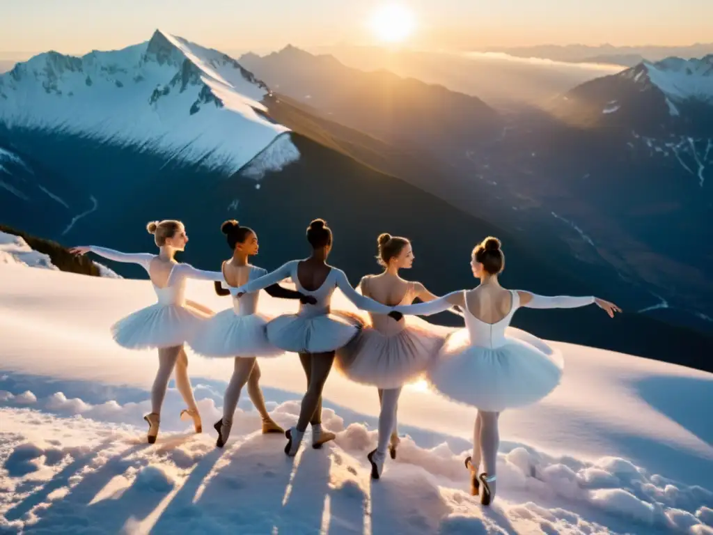 Grupo de bailarines en alturas, con el sol poniéndose detrás de ellos, realizando movimientos elegantes y poderosos en la cima nevada de la montaña