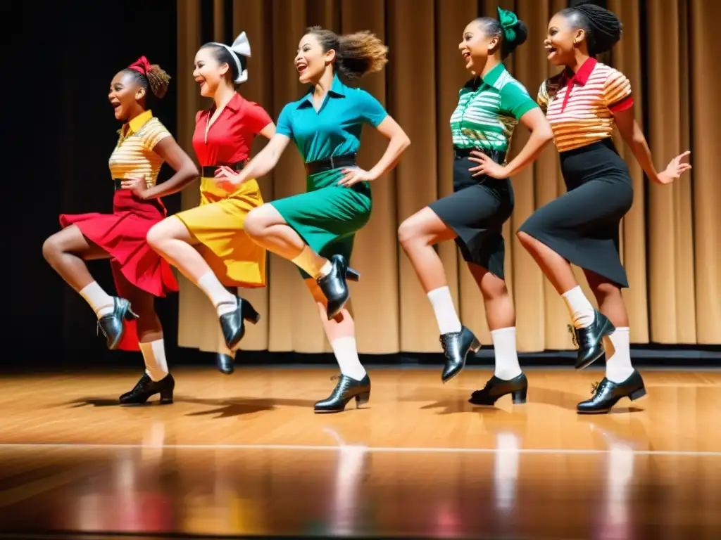 Grupo de bailarines de tap americano en escenario de madera, expresiones de concentración y alegría