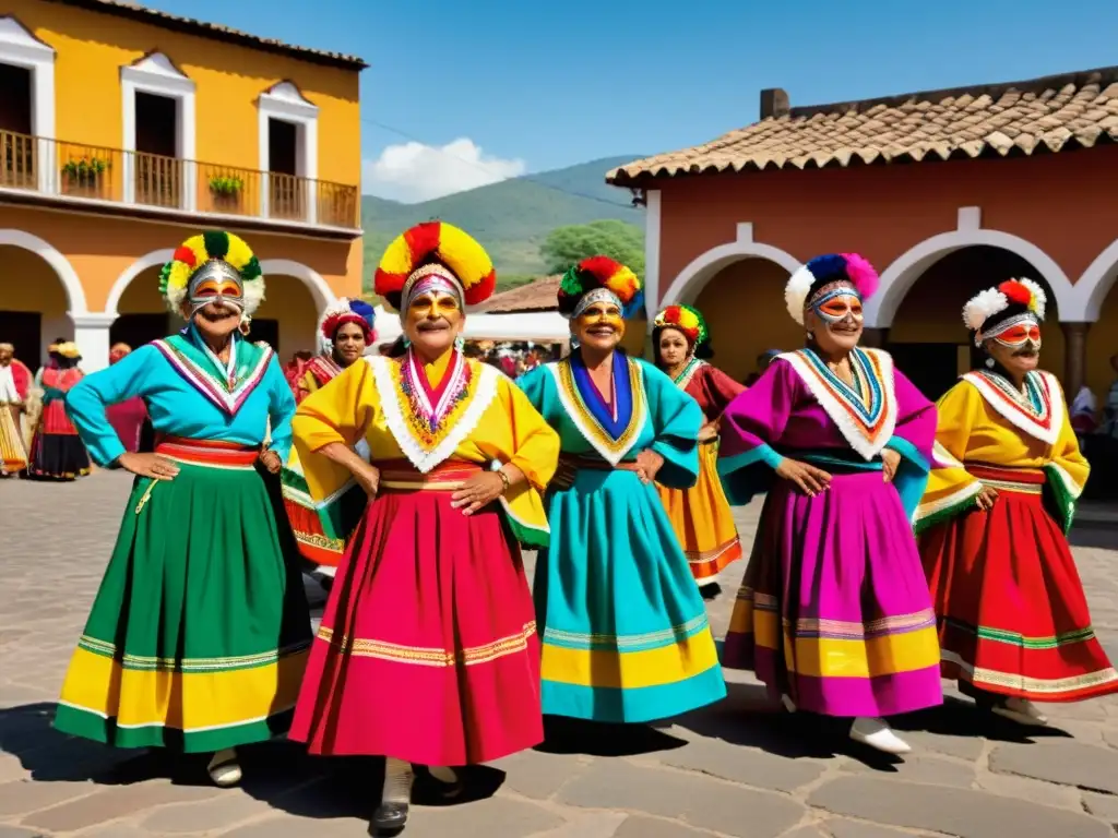 Grupo de bailarines ancianos danzando la 'Danza de los Viejitos' en Michoacán, transmitiendo alegría y reverencia con sus coloridos atuendos y máscaras, en una vibrante plaza del pueblo