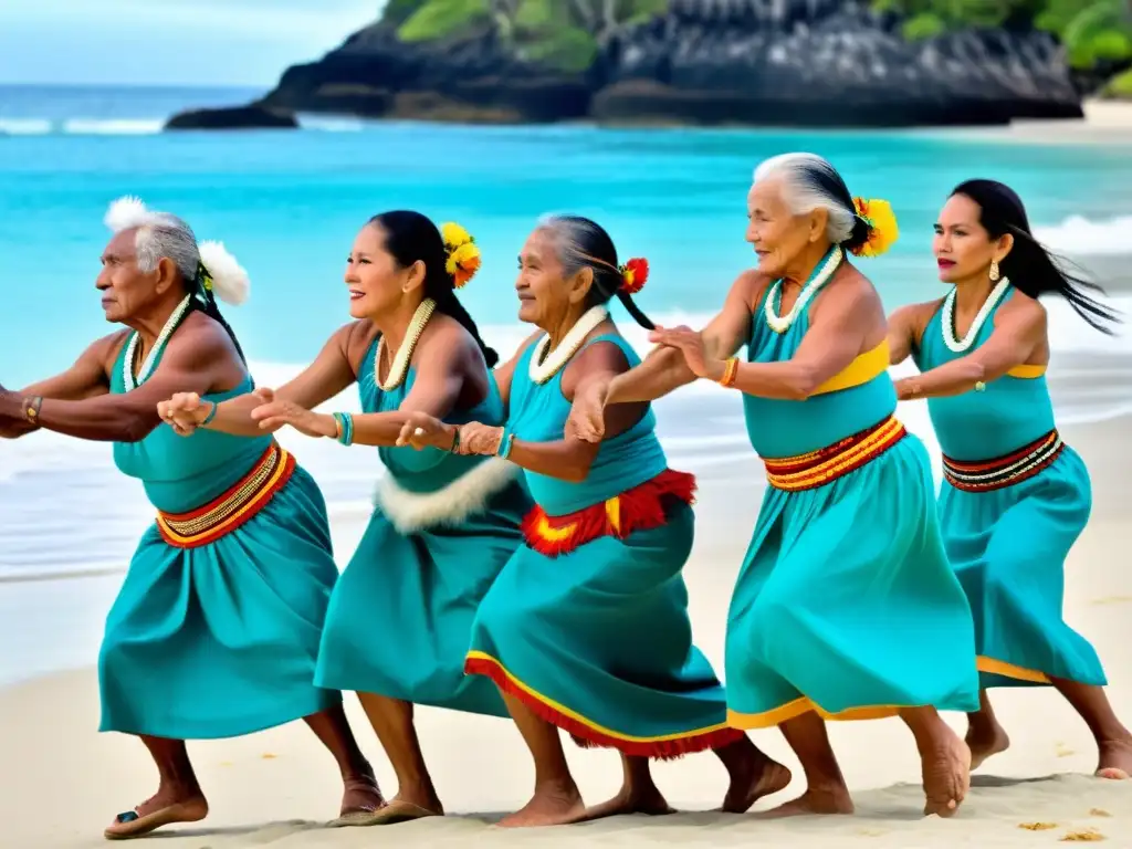 Un grupo de bailarines ancianos del Pacífico, con vestimenta tradicional, danzando en la playa con el mar turquesa de fondo