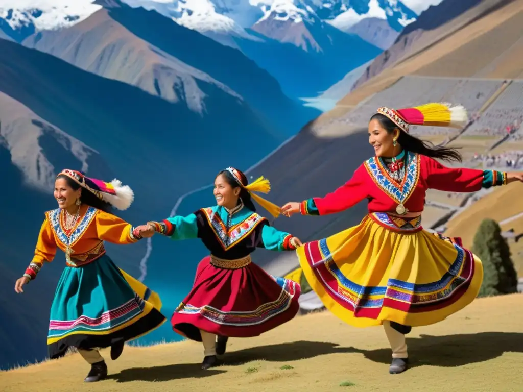 Grupo de bailarines andinos en coloridos trajes tradicionales, danzando con pasión frente a montañas nevadas