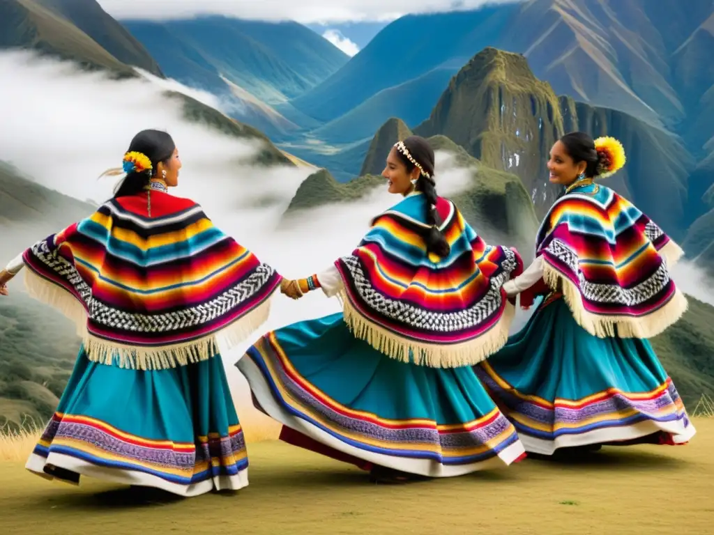 Grupo de bailarines Andinos realizando la Danza Romántica Andina técnica en un valle brumoso, con ponchos y faldas vibrantes