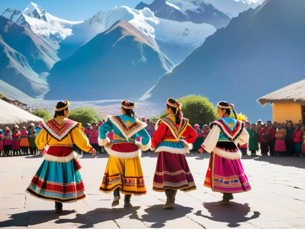 Grupo de bailarines andinos en la plaza de un pueblo, con trajes coloridos y la majestuosidad de los Andes de fondo