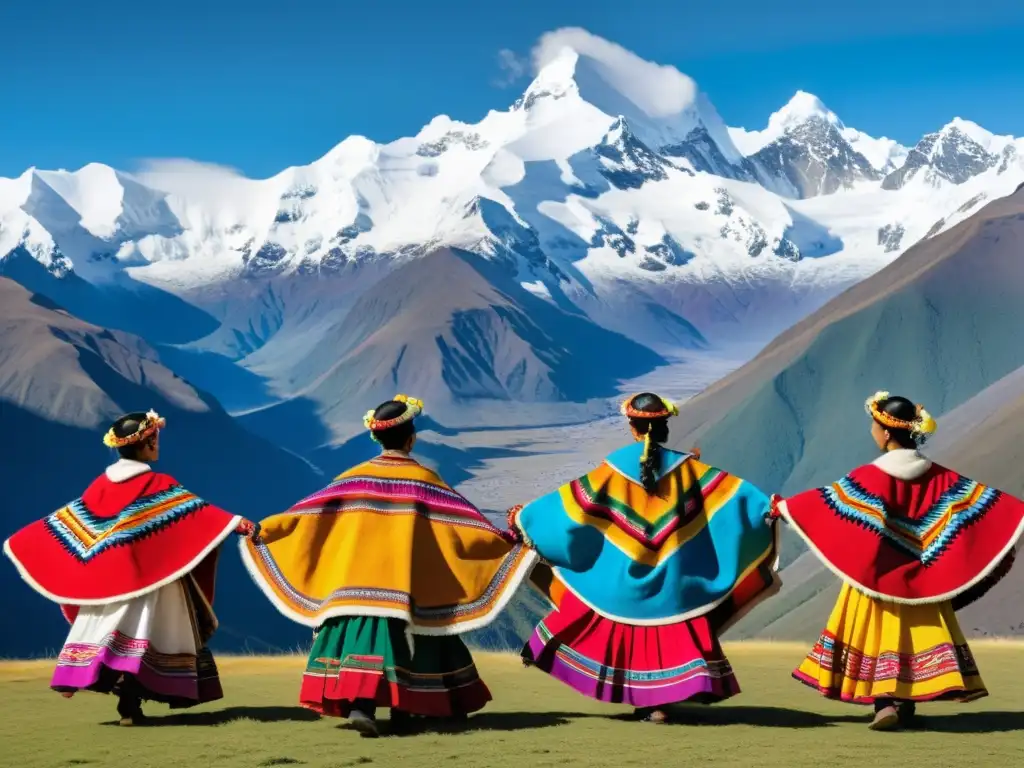 Grupo de bailarines andinos tradicionales con ponchos y faldas multicolores, danzando en los Andes nevados