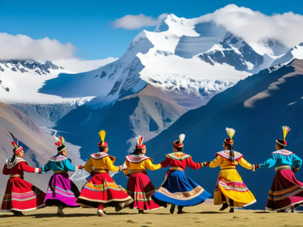 Un grupo de bailarines andinos tradicionales, con trajes coloridos, bailando frente a montañas nevadas