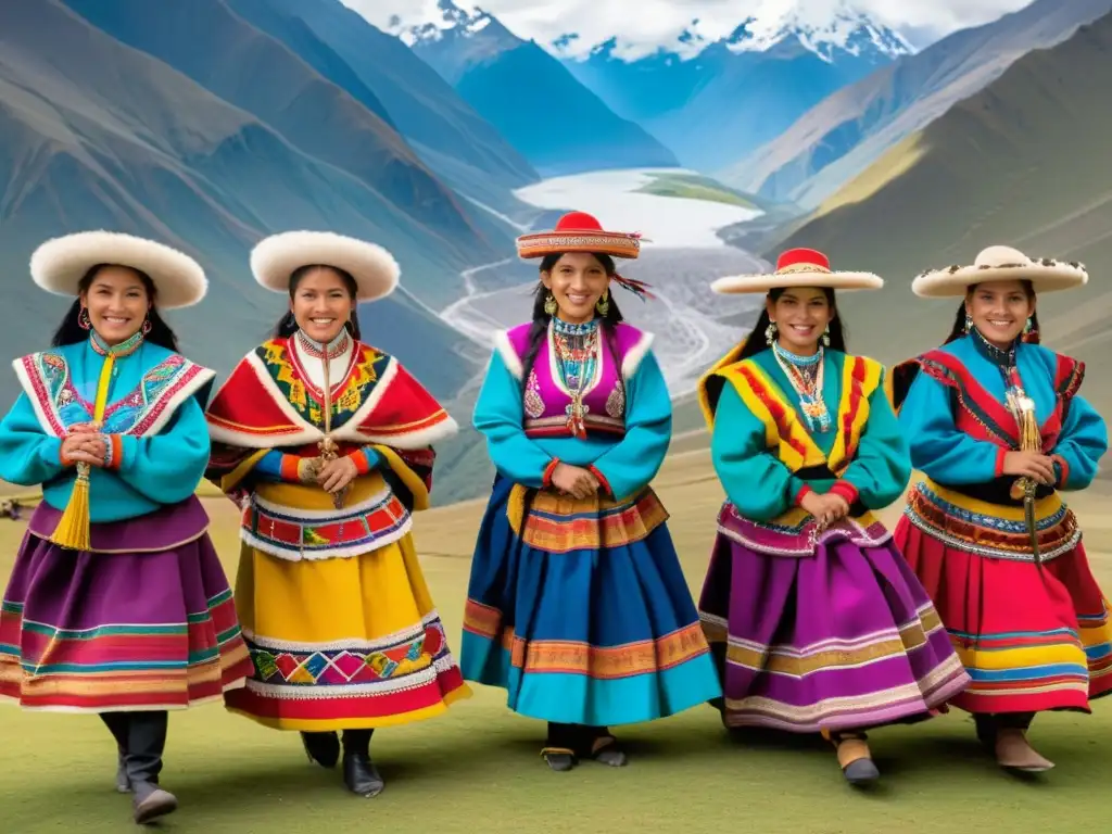 Un grupo de bailarines andinos tradicionales ejecutan una danza vibrante ante los imponentes Andes