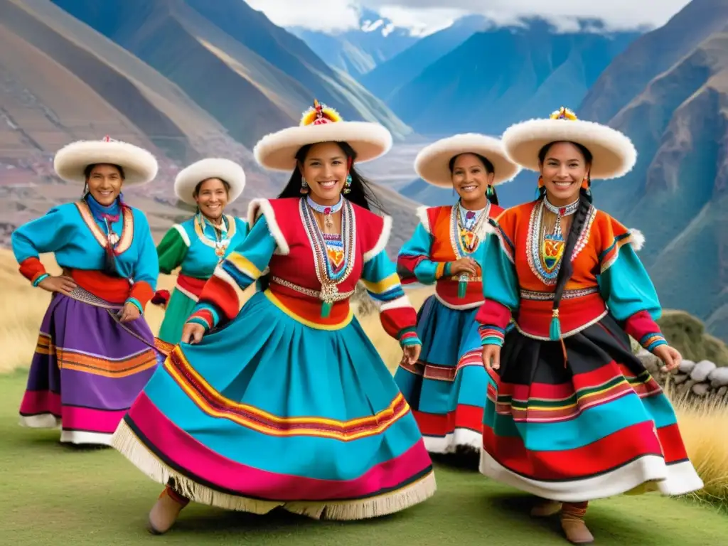 Grupo de bailarines andinos en trajes coloridos realizando danza frente a montañas