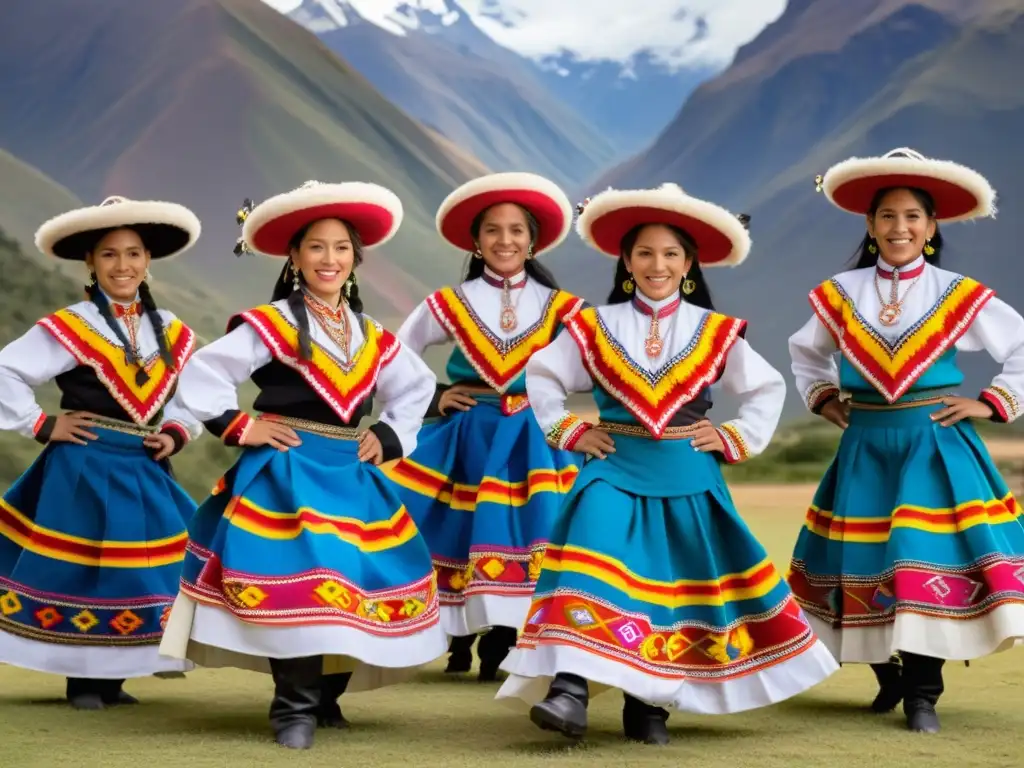 Un grupo de bailarines andinos en trajes coloridos bailando frente a los majestuosos Andes