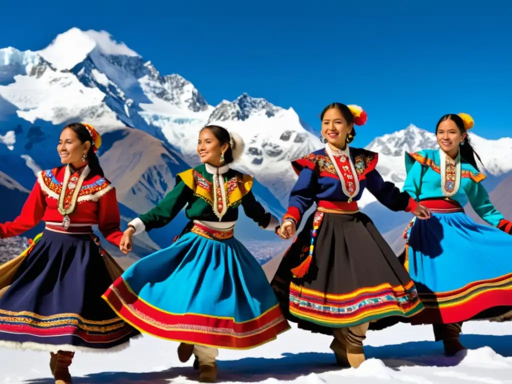 Grupo de bailarines andinos con trajes tradicionales coloridos danzando con gracia en las montañas nevadas y cielos azules