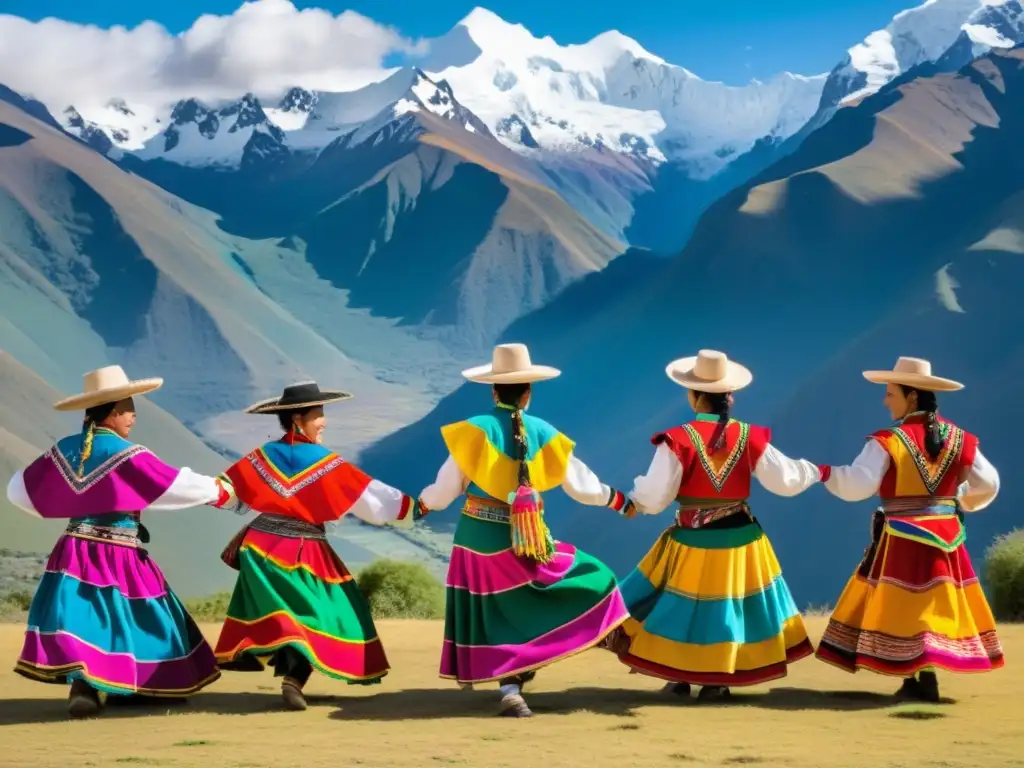 Grupo de bailarines andinos en trajes coloridos, danza apasionada con los majestuosos Andes de fondo