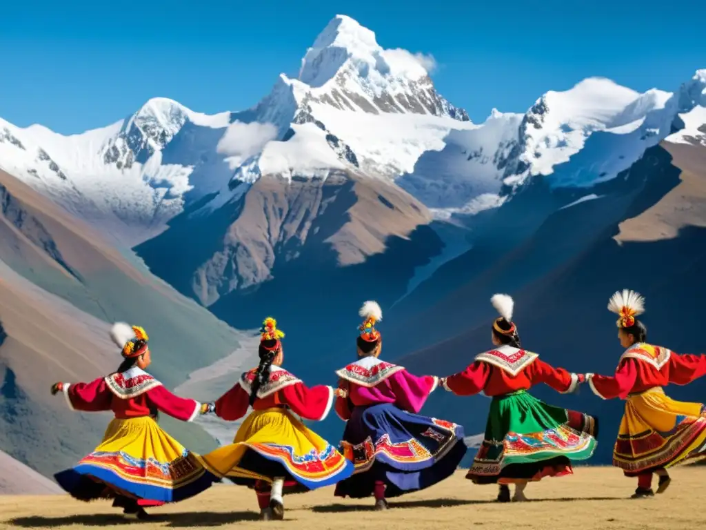 Grupo de bailarines andinos en trajes tradicionales, danza energética frente a montañas nevadas