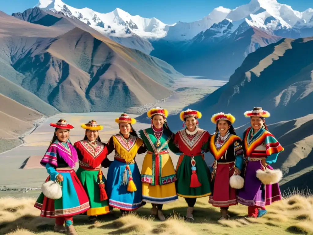 Un grupo de bailarines andinos con trajes tradicionales realizando danzas tradicionales Andes, rodeados de la majestuosa cordillera