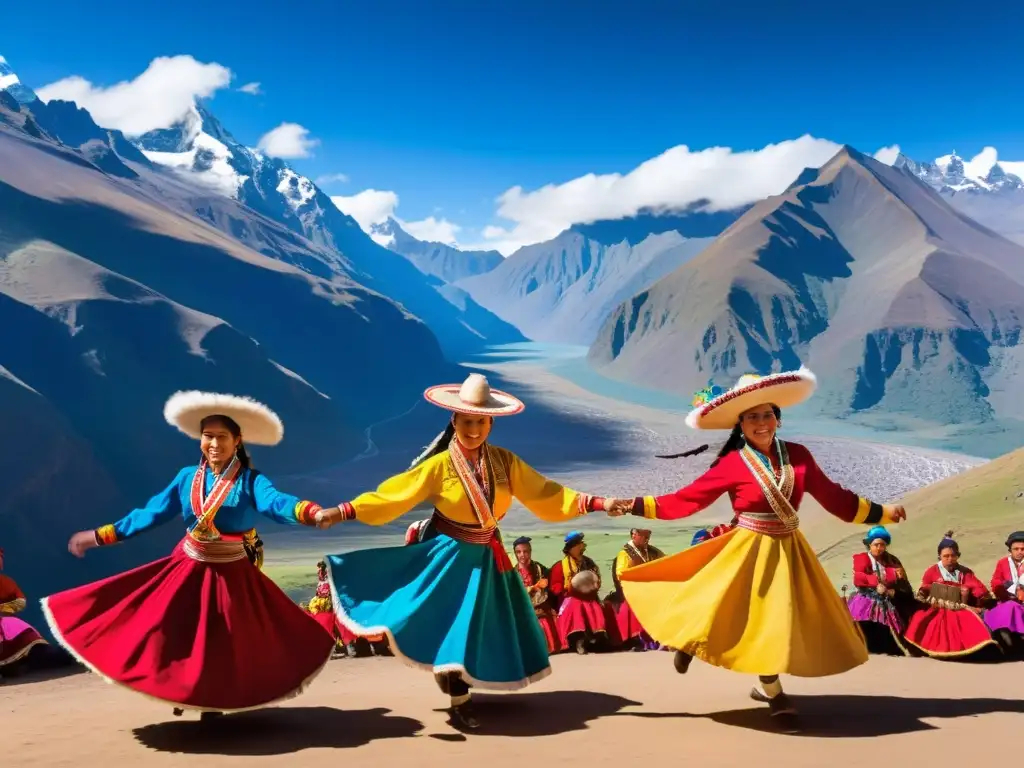 Grupo de bailarines andinos en vibrante escenario, con trajes coloridos y música tradicional