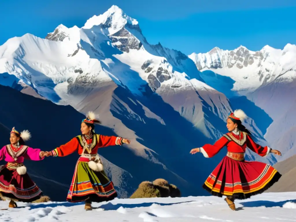 Grupo de bailarines andinos en vibrante vestimenta tradicional, danza frente a los majestuosos Andes