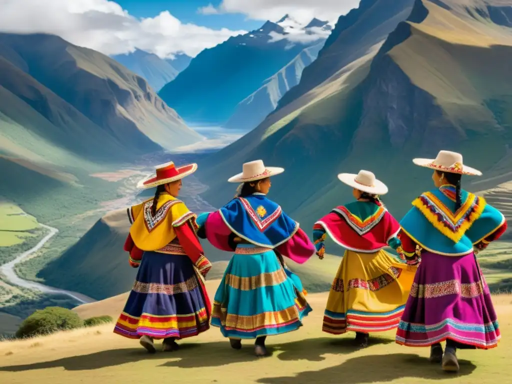 Grupo de bailarines andinos en vibrantes trajes tradicionales, danzando en la majestuosa montaña