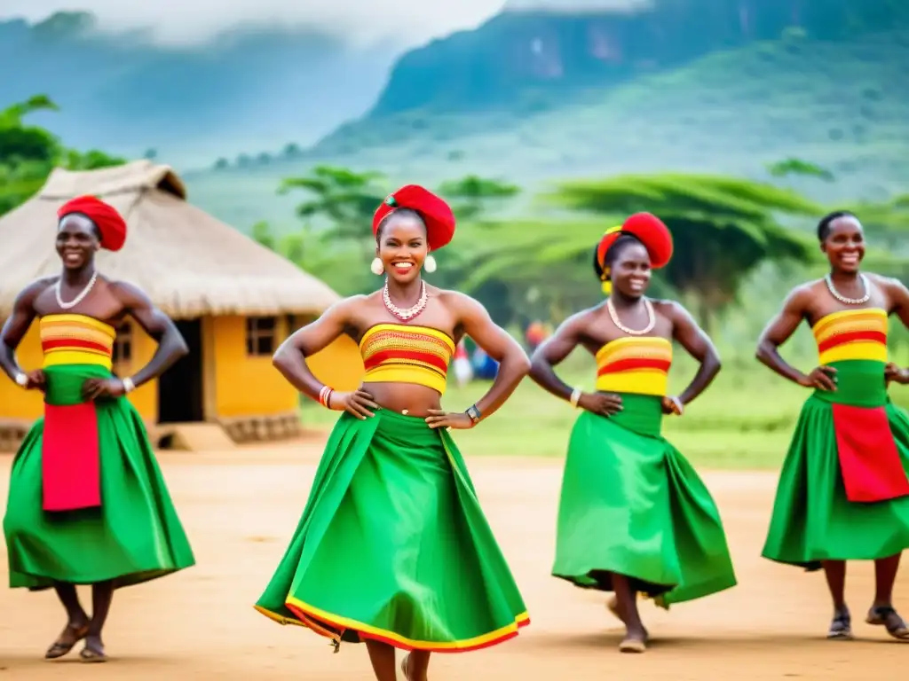 Grupo de bailarines angoleños danzando con energía y expresión en trajes tradicionales, en un entorno rural verde