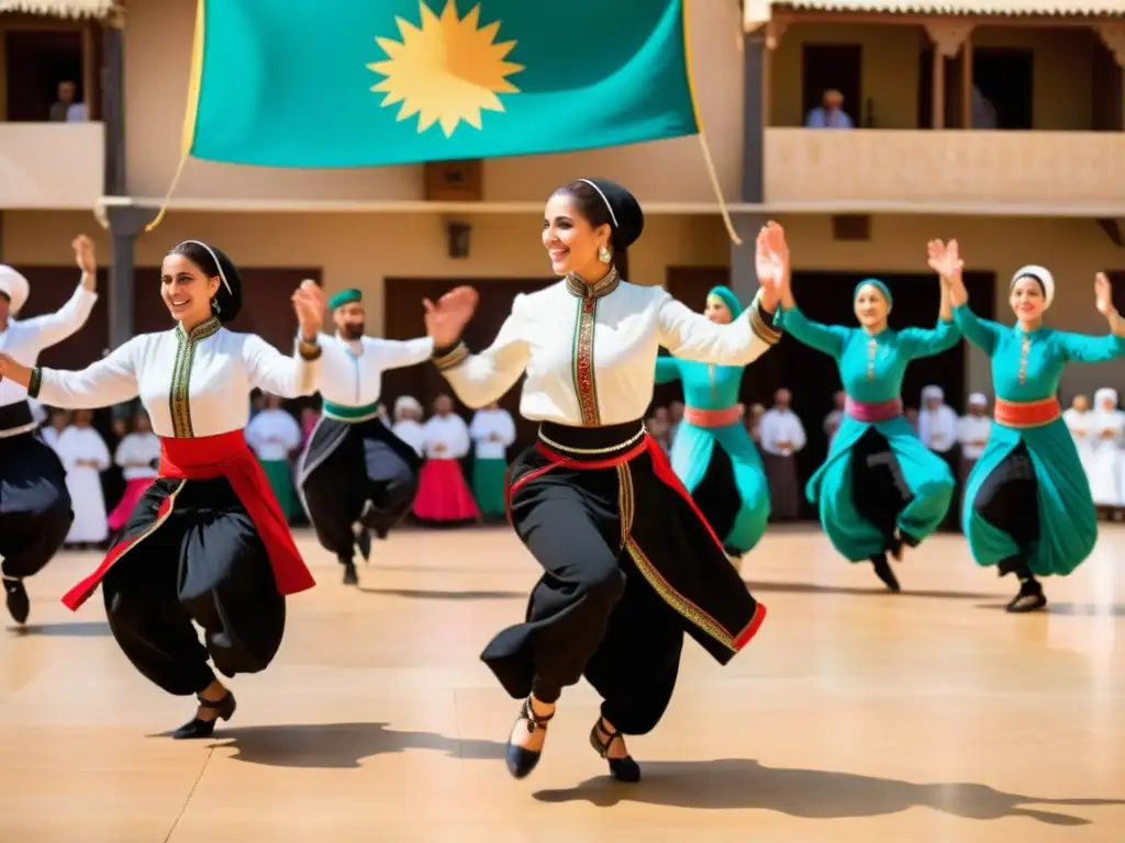 Grupo de bailarines ejecutando la animada danza Dabke árabe, con vestimenta tradicional y movimientos precisos