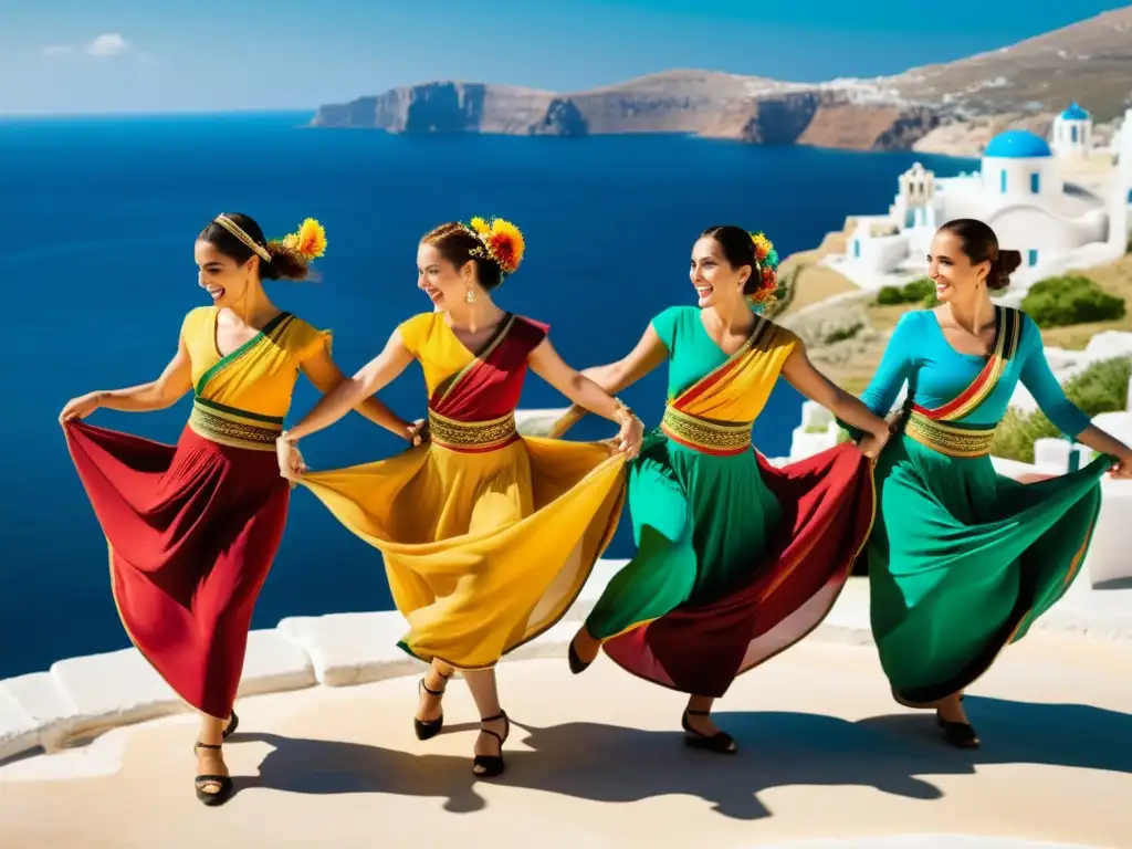 Un grupo de bailarines ejecutando una animada danza Sirtaki en atuendos tradicionales griegos, con movimientos dinámicos y un hermoso paisaje costero de fondo