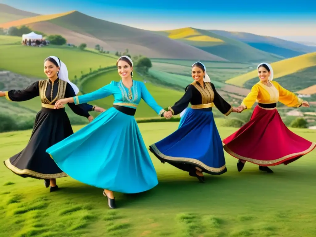 Un grupo de bailarines realiza la animada Danza Dabke en África del Norte, vistiendo trajes tradicionales coloridos en un escenario al aire libre