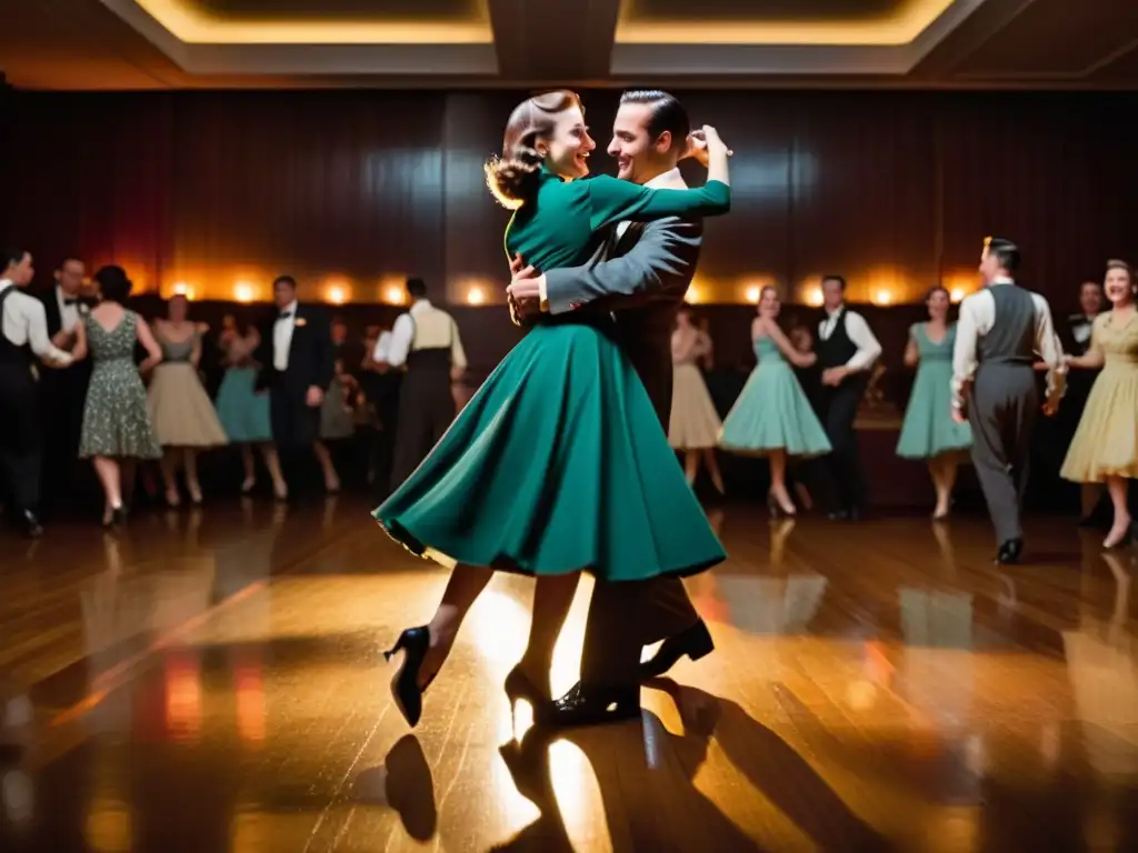 Grupo de bailarines disfrutando de una animada sesión de Lindy Hop en un salón de baile atmosférico de la década de 1940