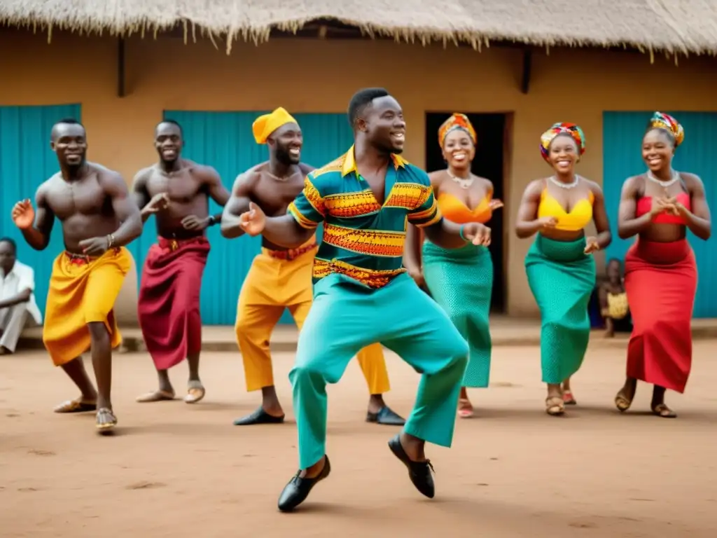 Grupo de bailarines ejecutando el animado baile Azonto en Ghana, con trajes tradicionales vibrantes y movimientos expresivos, rodeados de espectadores