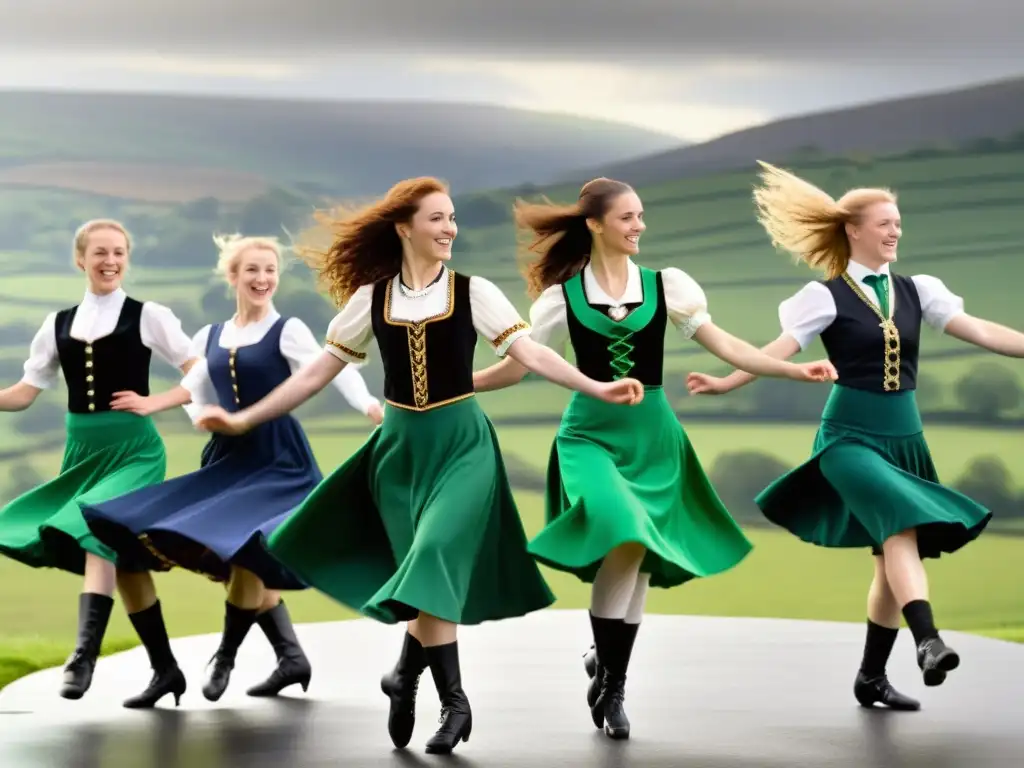 Un grupo de bailarines ejecutando un animado jig irlandés en un escenario soleado con colinas verdes al fondo