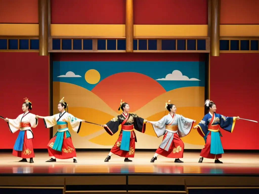 Grupo de bailarines de Okinawa realizando el antiguo baile de espadas 'Kumiodori' en un escenario decorado con telones rojos y dorados vibrantes