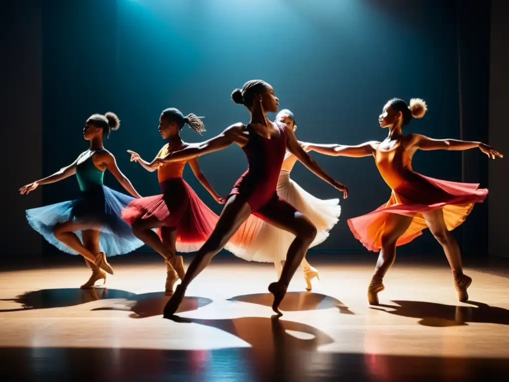 Grupo de bailarines apasionados ejecutando una coreografía compleja en un estudio con iluminación tenue